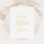 Carte de réception simple et élégante remerciement<br><div class="desc">Cette carte de réception simple et élégante remerciement en or est parfaite pour votre mariage moderne minimaliste blanc et or. Le design présente une police or contemporaine minimale accompagnée de calligraphie formelle. Gardez-le tel quel ou choisissez de le personnaliser avec vos propres illustrations ou photos !</div>