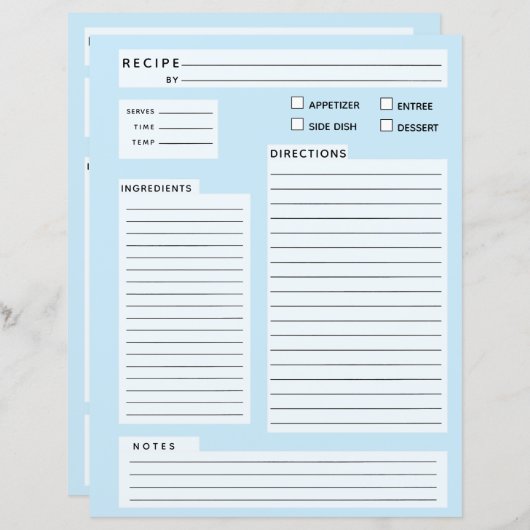 Carte de recette (Devant / Derrière)