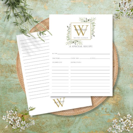 Carte de recette à monogramme doré avec verdure à 