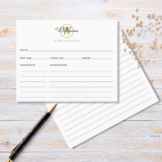 Carte de recette à monogramme doré en écriture cur
