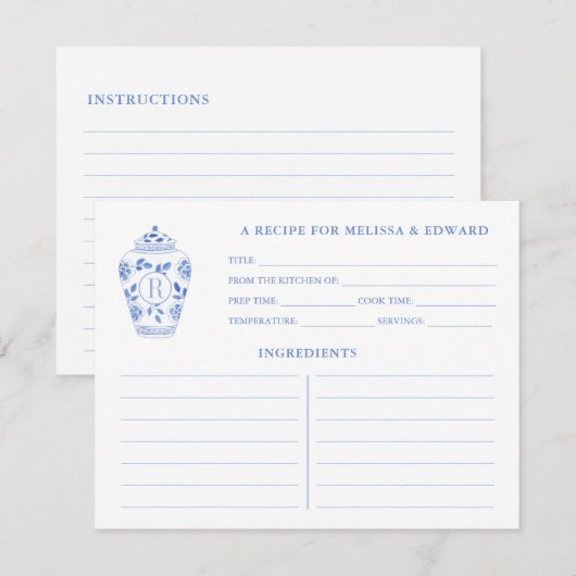 Carte de recette Chinoiserie Bleu Chic Monogramme  (Devant / Derrière)