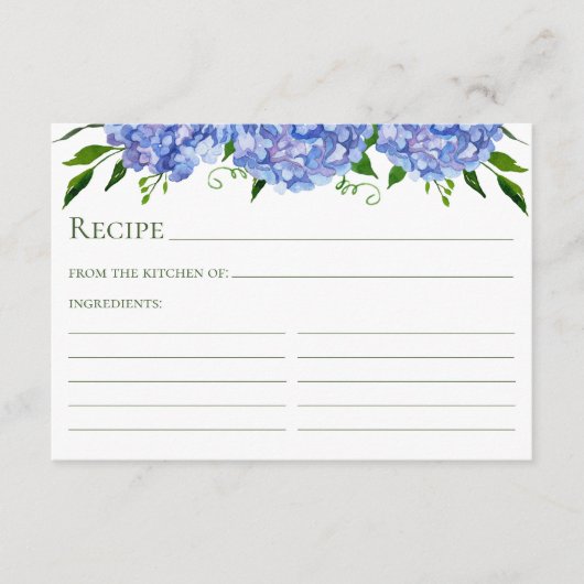 Carte de recette d'aquarelle florale Hydrangea ble (Devant)