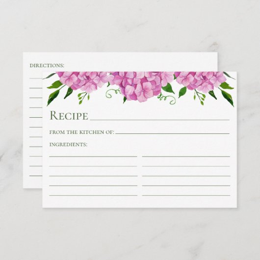 Carte de recette d'aquarelle rose Hydrangea Floral (Devant / Derrière)
