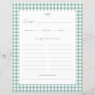 Carte de recette de baby shower à carreaux vert sa