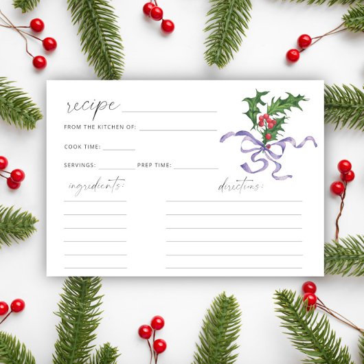 Carte de recette de branche de houx d'hiver