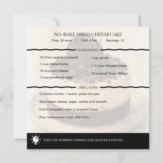 Carte de recette de cheesecake moderne sans cuisso (Devant)