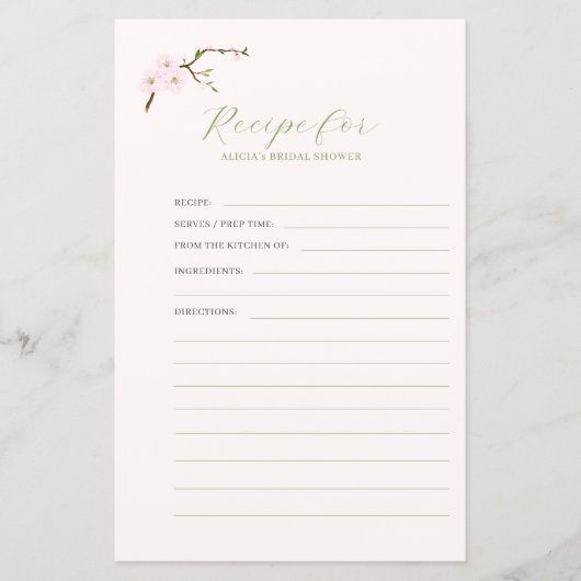 Carte de recette de douche à nuptiale rose pâle (Devant)