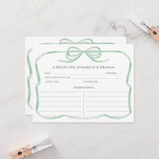 Carte de recette de douche de mariage à ruban vert (Devant/Arrière en situation)