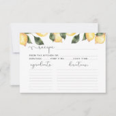 Carte de recette de douche nuptiale citrons aquare (Devant)