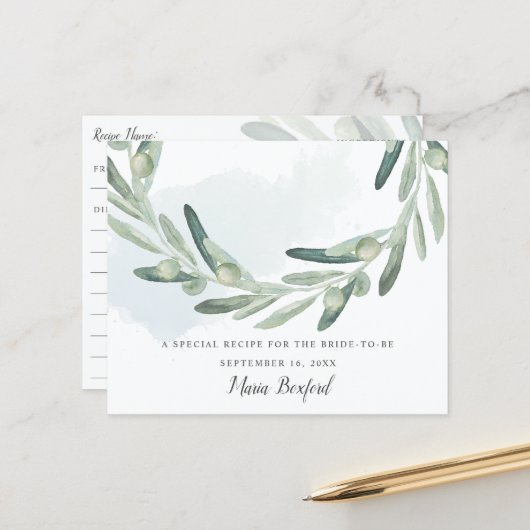 Carte de recette de douche nuptiale Elegant Olive (Devant/Arrière en situation)