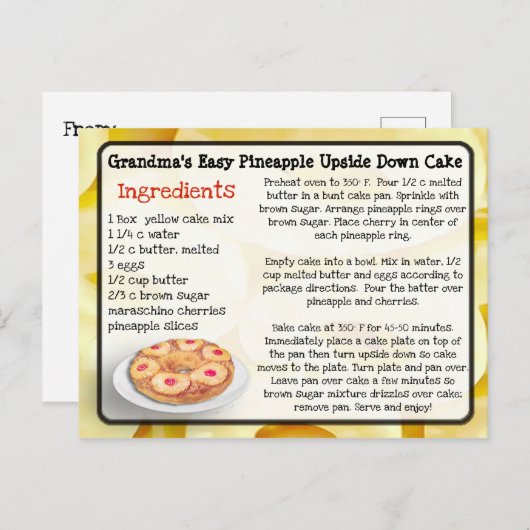 Carte de recette de gâteau à l'envers pour ananas  (Devant / Derrière)
