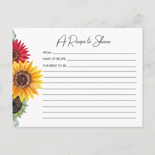 Carte de recette de mariage avec tournesols (Devant)