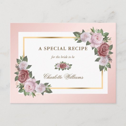 Carte de recette de mariage floral rose doré (Devant)