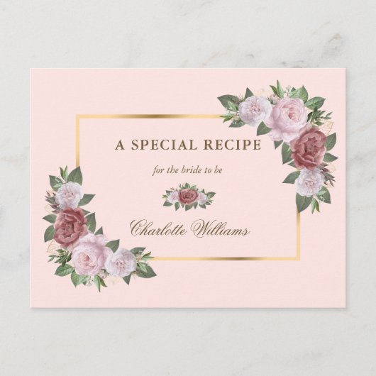 Carte de recette de mariage floral rose doré (Devant)