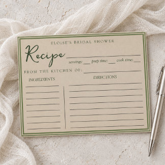 Carte de recette de mariage vert olive élégante