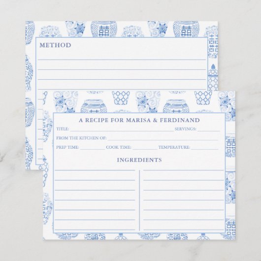 Carte de recette de pot à gingembre bleu et blanc  (Devant / Derrière)