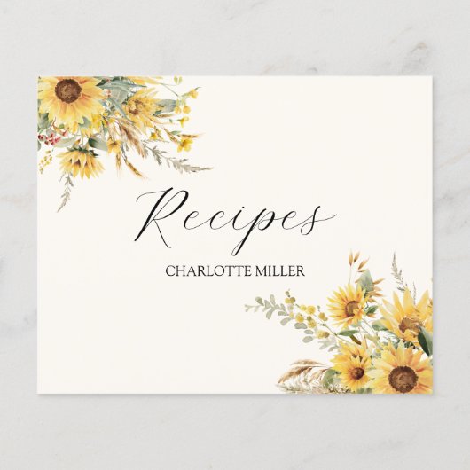 Carte de recette de tournesol à l'aquarelle rustiq (Dos)