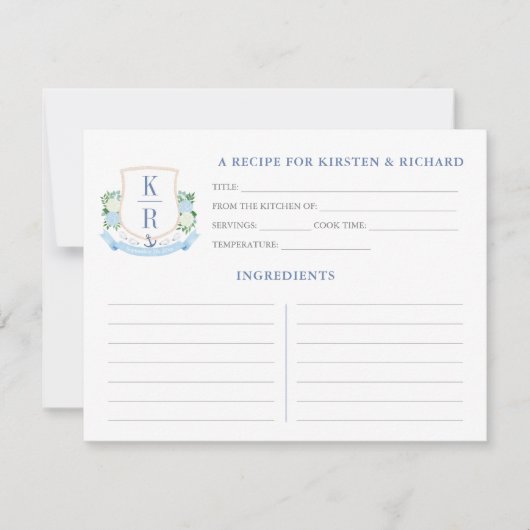 Carte de recette Elegant Coastal Monogram Fête des (Devant)