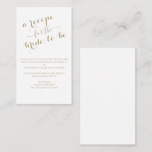 Carte de recette en calligraphie dorée (Devant / Derrière)