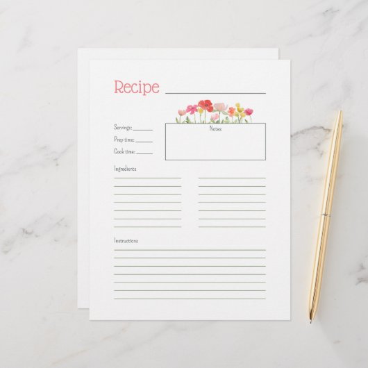 Carte de recette Fleur sauvage aquarelle (Devant/Arrière en situation)