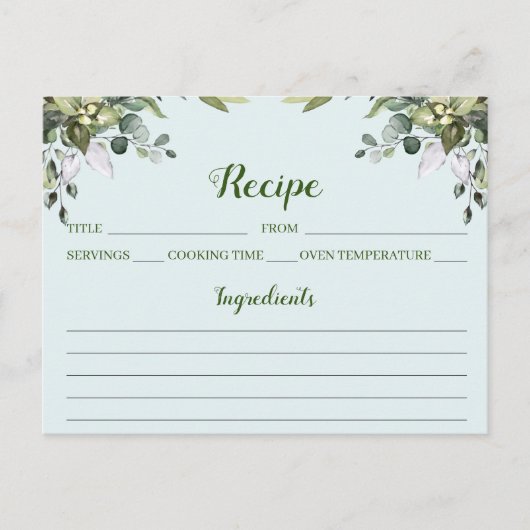Carte de recette florale Eucalyptus Watercolor (Devant)