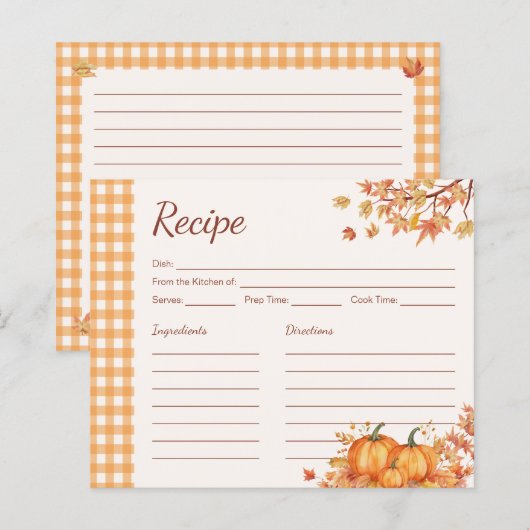 Carte de recette Gingham de récolte de citrouille (Devant / Derrière)