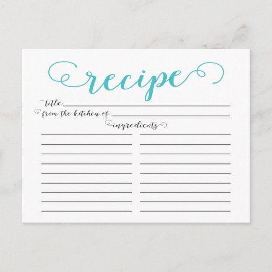 Carte de recette moderne Aqua Blue Script Fête des (Devant)