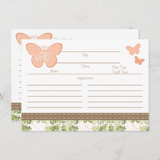 Carte de recette papillon pêche monogrammée (Devant / Derrière)