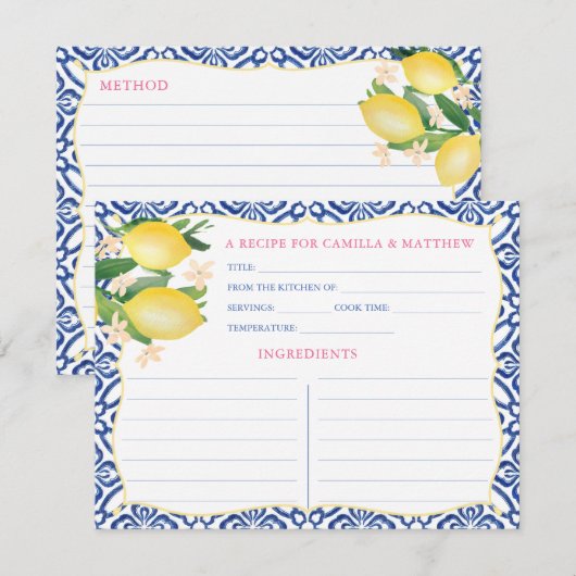 Carte de recette royale bleue Positano Lemons pein (Devant / Derrière)