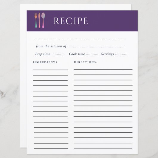 carte de recette simple et élégante (Devant / Derrière)