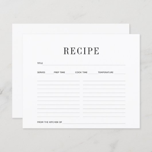 Carte de recette simple noir et blanc (Devant / Derrière)