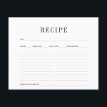 Carte de recette simple noir et blanc<br><div class="desc">Carte de recette simple noir et blanc. Caractéristiques Texte noir et gris sur fond blanc avec des lignes d'écriture grises. Titre, nombre de parts, temps de préparation, temps de cuisson, température et espace pour la cuisine. Tous les textes, polices et couleurs sont personnalisables. Nous vous invitons à visiter notre magasin...</div>