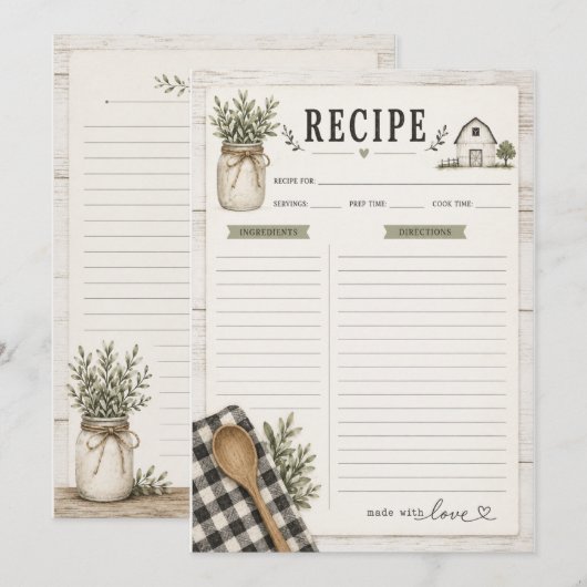 Carte de recette thème ferme rustique (Devant / Derrière)
