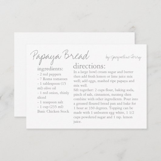 Carte de recette | Votre Grey de recette (Devant / Derrière)