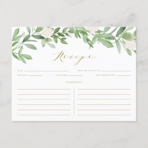 Carte de recettes Aquarelle verte et Fleurs blanch