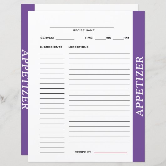 Carte de recettes d'entrée (Devant / Derrière)