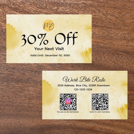 Carte De Réduction Aquarelle Jaune Restaurant Qr Code Menu et