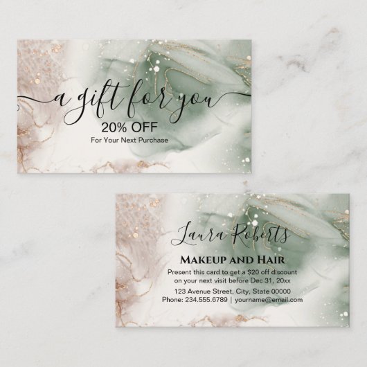 Carte De Réduction Aquarelle moderne élégante Vert et Or (Devant / Derrière)