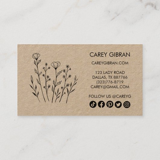 Carte De Réduction Chic Elegant Fleur sauvage Art Social Icônes Kraft (Dos)