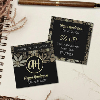 Carte De Réduction Code promo élégant floral marron et noir Logo