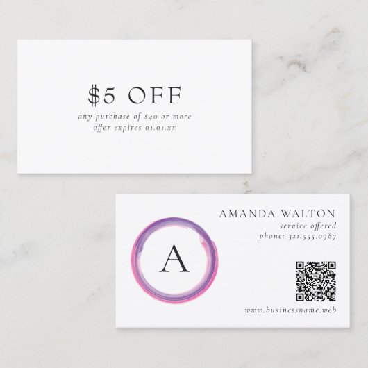 Carte De Réduction Code QR Monogramme Moderne Rose et Violet (Devant / Derrière)
