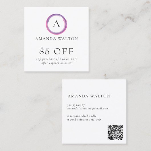 Carte De Réduction Code QR Monogramme Moderne Rose et Violet (Devant / Derrière)
