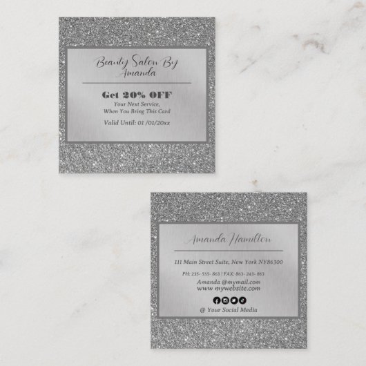 Carte De Réduction Élégant Chic Parties scintillant d'huile d'argent (Devant / Derrière)