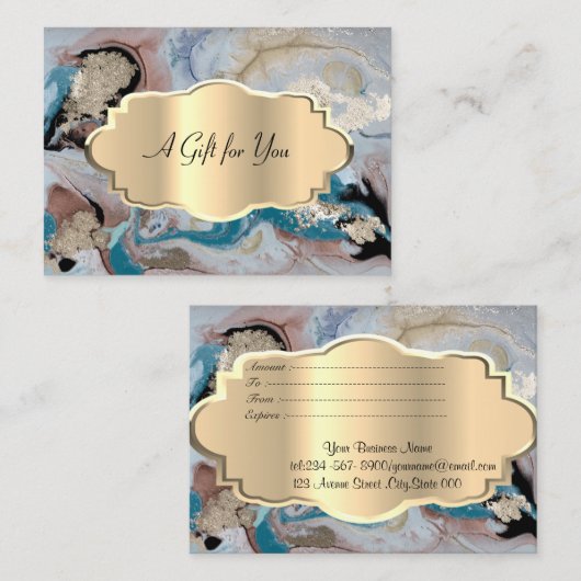 Carte De Réduction Elégant Confetti Moderne, Cadre Or, Marbre, Pierre (Devant / Derrière)