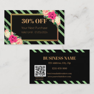 Carte De Réduction Elegant Pink Floral Stripes QR Code Discount Card