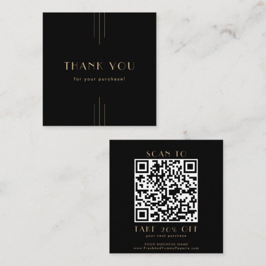 Carte De Réduction EVERLY Art Deco Black and Gold QR Code Thank You (Devant / Derrière)