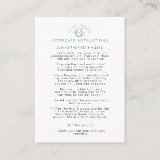 Carte De Réduction Instructions de perçage des oreilles après soins (Devant)