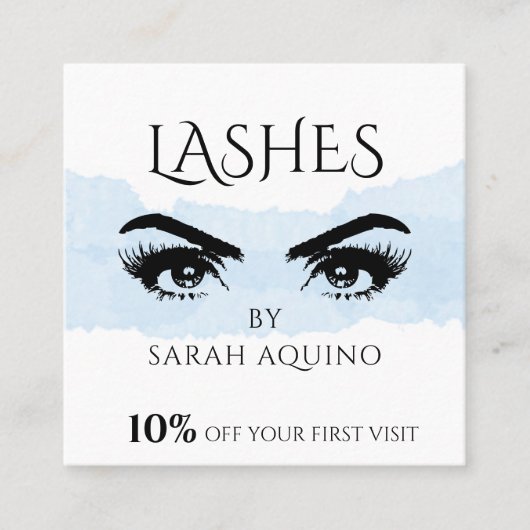 Carte De Réduction Lavage d'aquarelle bleu pastel et cils de glam (Devant)