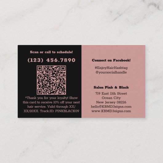 Carte De Réduction Logo du Salon moderne QR Code Merci rose noir (Dos)