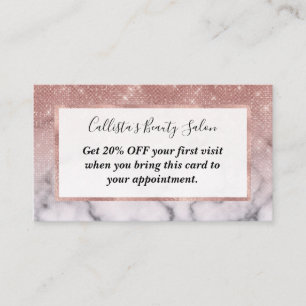 Carte De Réduction Marbre blanc de Parties scintillant rose Gold Sequ